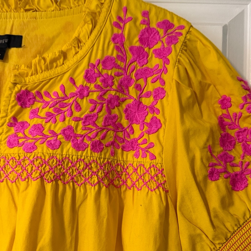 J. Crew Yellow Blouse with Pink Embroidery - Picture 3 of 5